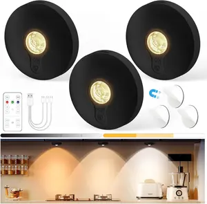 Rechargeable Puck Lights with Remote, 3 Pack Magnetic Under Cabinet Lighting, 1500mAh Battery Operated LED Tap Lights with Dimmer & Timmer for Kitchen, Closet, Shelf - 3 Color Temps, Black