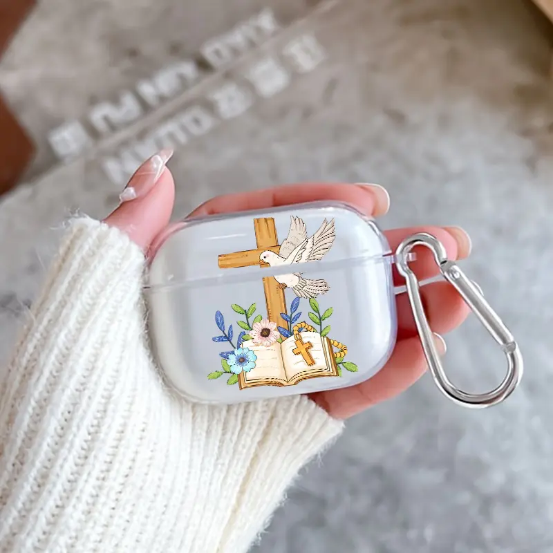 Cross, Dove, Faith Pattern Protective Case for AirPods 4/3/2/1/Pro/Pro2 Soft TPU Earphone Cover, Transparent with Keychain