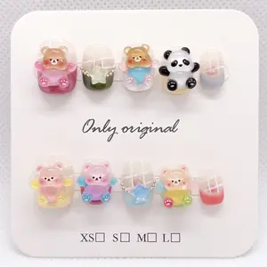 10pcs Cute Colorful Bear Nail Art Stickers, Handmade Short Square Round False Nails, Nail Tips Art, Full Coverage Removable DIY Nail Supplies