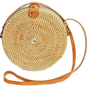 Round Rattan Bag for Women - Handmade Straw Bags - Wicker Purse - Brown White Circle Crossbody Boho Bags