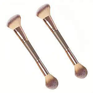 2-in-1 Dual-Ended Makeup Brush for Foundation, Concealer & Powder – Soft Synthetic Bristles, No Shedding, Travel-Friendly, Blending & Contouring (Brown)，Double-Ended Makeup Brush Set，7.68''