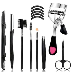 9counts Black Eyelash Curler with Comb, Heart-shaped Fan Wide-angle Comb, Clip for False Eyelashes, Auxiliary Beauty Curling Kit