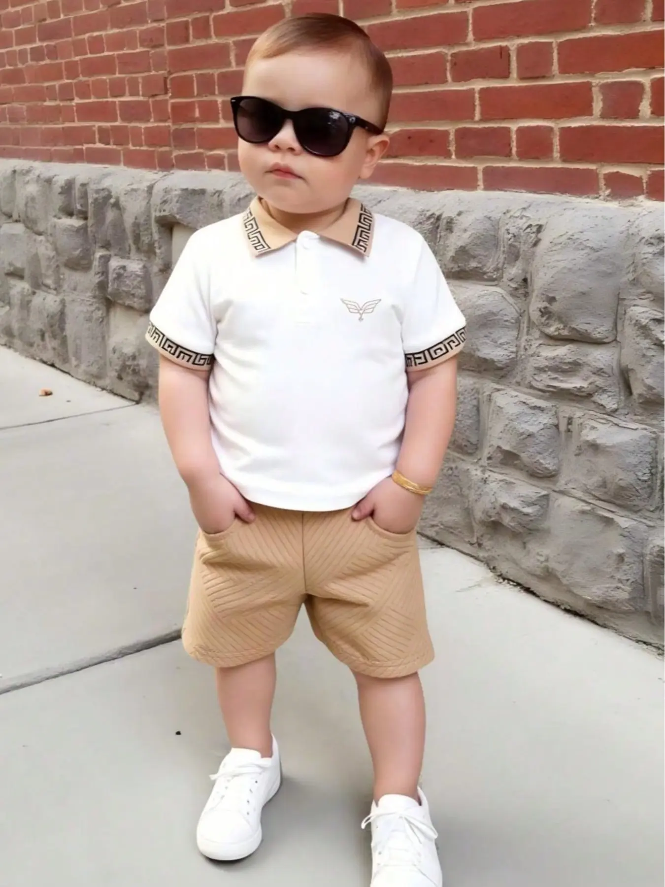 2 Piece Baby Boys Embroidered Collar Button Short Sleeve Top + Solid Color Shorts Outfit, Casual Loose-Fit All Seasons, Summer Gift Set, Baby Boy Clothes, Baby Clothing