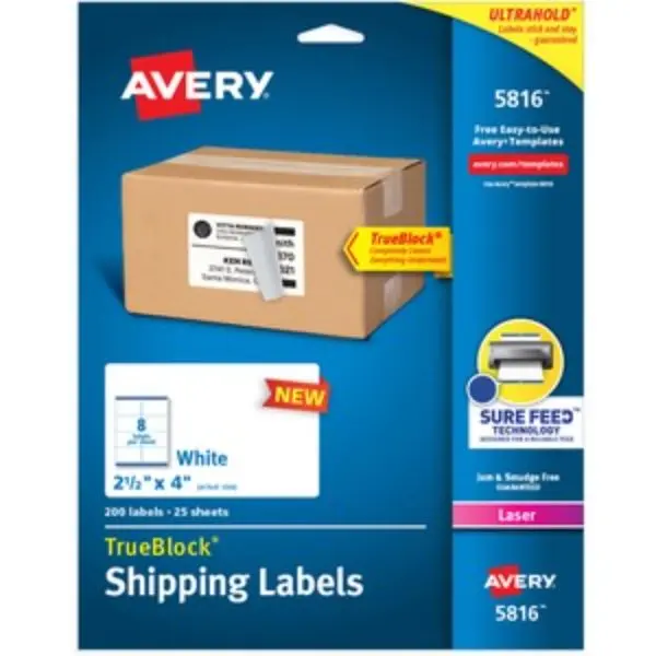 Avery TrueBlock White Permanent Adhesive Name, Number Print, Peel Stick Labels & Stickers, 2.5"x4", 200-Pack, Laser Printer Compatible, Sure Feed Tech, Crisp Smudge-Free Text, Misalignment Prevention, Small Business Packaging Office Supplies