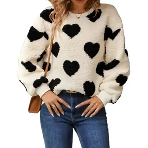 Heart Sweaters for Women Valentine Heart Printed Pullover Sweaters Fuzzy Crewneck Sweaters