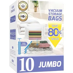 10 Pack Jumbo Vacuum Storage Bags with Hand Pump, 80% Storage Space Saving, Sturdy Leak-Free Space Saver Vacuum Seal Bags for Clothing, Vacuum Compression Bags for Travel Lugggage Blankets Comforters