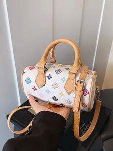 Women's Colorblock PU Leather Mini Handbag, Geometric Print Boston Bag with Zipper Closure, Perfect for Office, Travel, Outdoor Activities