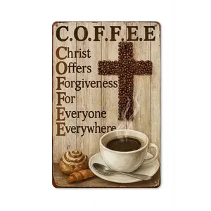 8x12 Inches COFFEE Christian Metal Sign, Christ Offers Forgiveness Vintage Aluminum Wall Decor, Religious Coffee Bar Decor for Home Kitchen Cafe