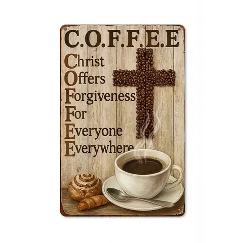 8x12 In Coffee + Faith Christian Metal Decor, Christ Offers Forgiveness Vintage Aluminum Plaque and Sign, Rustic Plaque Kitchen Signs, Religious Cafe-Ready Home Wall Art Decor
