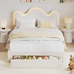 Queen Bed Frame with LED Headboard and Under-Bed Drawer, Metal Upholstered Platform Bed with LED Light for Kids, Girls, Lamb Fleece Fabric, Wooden Slats Support, No Box Spring Needed, White