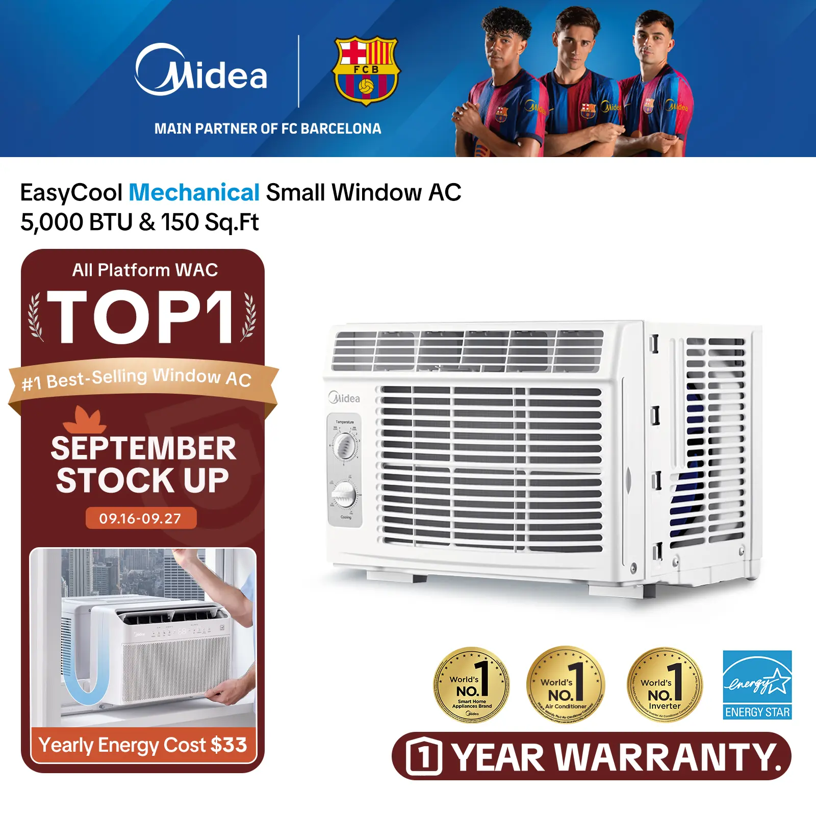 Midea 5,000 BTU EasyCool Mechanical Small Window Air Conditioner - Cool up to 150 Sq. Ft. AC with Easy-to-Use Mechanical Controls and Reusable Filter, Perfect for Small Bedroom, Living Room, Home Office
