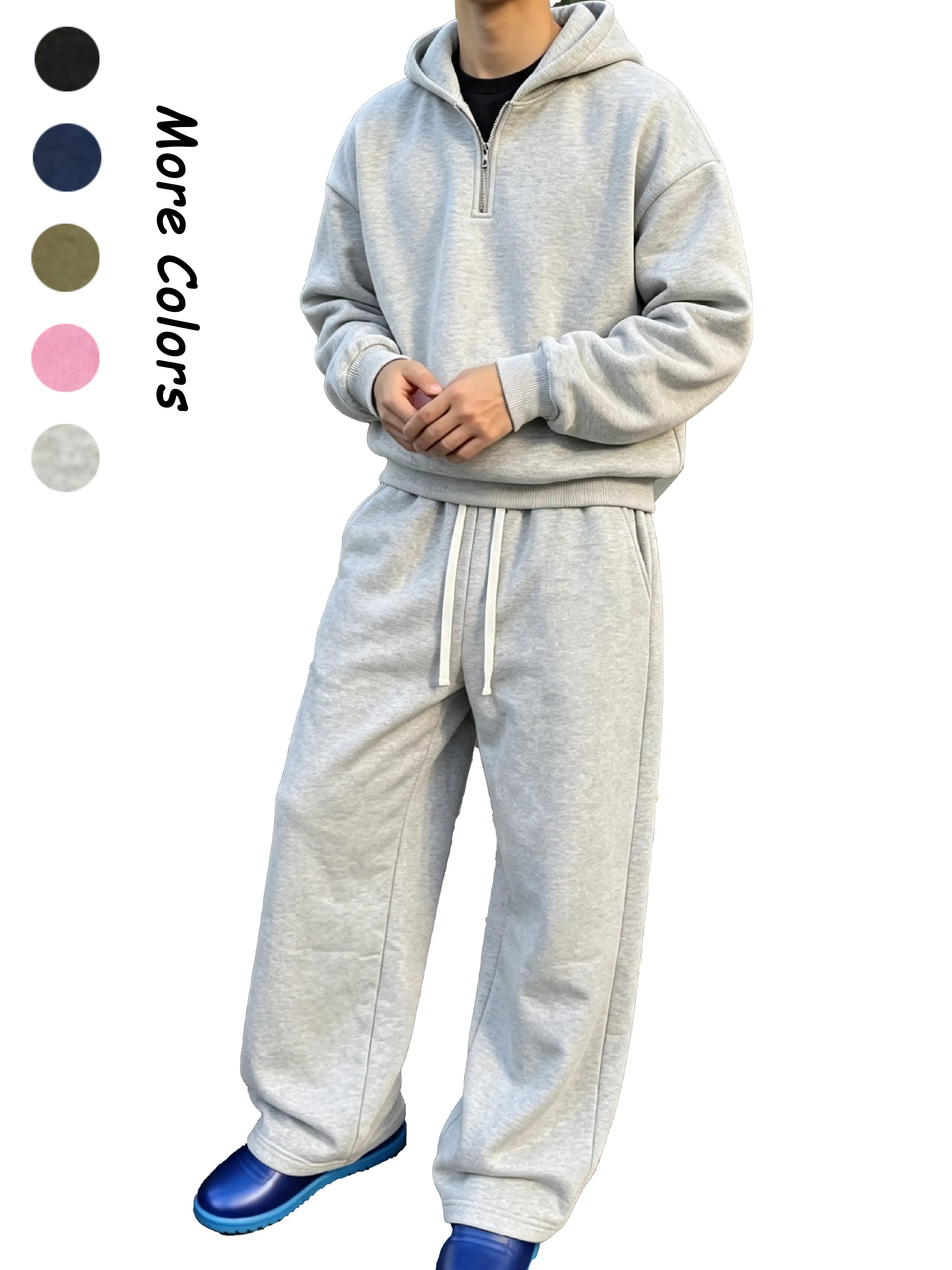 Men’s half-zip hooded sweatshirt set, relaxed drop-shoulder hoodie top + wide-leg sweatpants two-piece set, casual loose athletic outfit