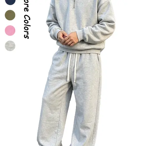 Men's 2-Piece Half-Zip Hooded Activewear Set - Long Sleeve Relaxed Drop-Shoulder Hoodie Top + Wide-Leg Sweatpants, Stylish Menswear Sport Casual Loose Outfit