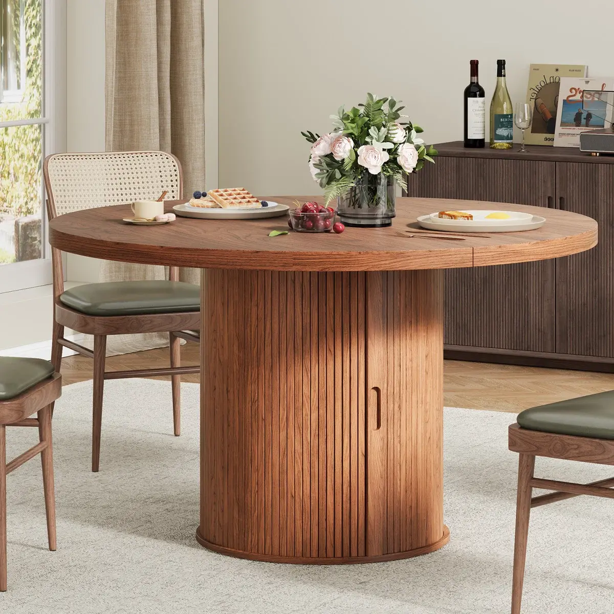 【SummerFinds】ONBRILL 47 inch Round Dining Table for 4, Circle Kitchen Table with 2-Layer Storage Shelf and a Drawer, Modern Farmhouse Dinner Tables with Sliding Door and Wood Strip Base for Kitchen, Living Room