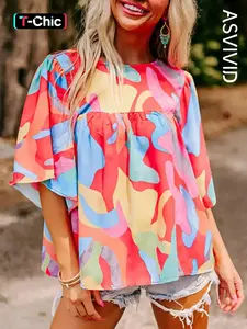 Women's Abstract Pattern Printed Wide Sleeve Crew Neck Three-quarter Sleeve Blouse Chic