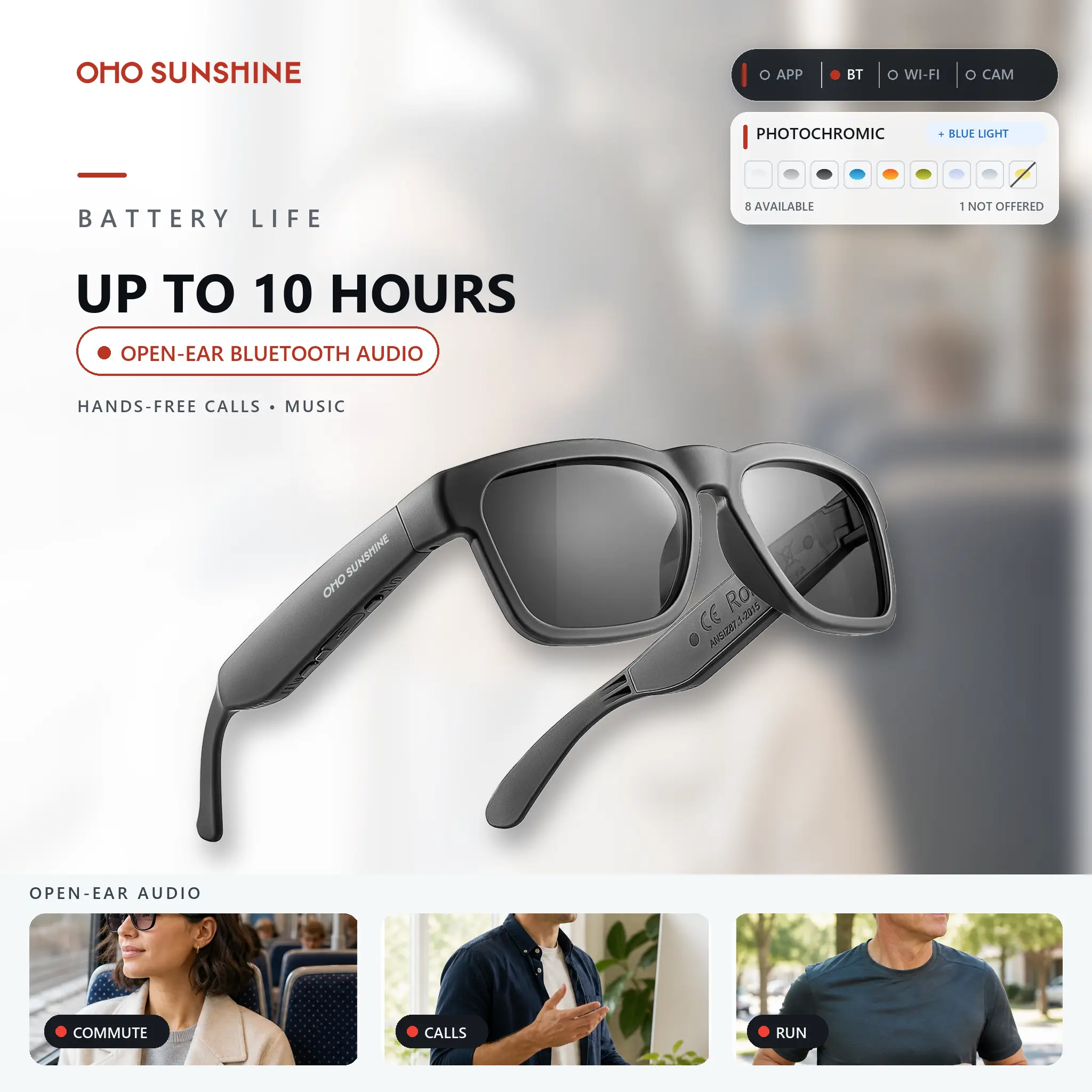 OhO Sunshine Elite Modern Phone Connected Smart Glasses - Wireless Bluetooth Audio Sunglasses with Voice Control, UV400 Sun Protection, Music Support, Lightweight Durable Batteries, Ideal for Hiking, Father's Day Gifts
