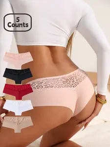 Women's Lace Breathable Ice Silk Underwear, Sexy Hollow Out Design, Casual, Four Seasons Suitable, Everyday Ladies Panties, Pack of 5