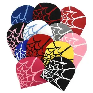 Y2K Grunge Spider Web Beanie Unisex Soft Knit Skull Cap Vibrant Color Blocking Design Stretchy Fit for Streetwear Daily Comfort Machine Washable