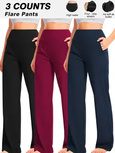 3-Pack Plus Size Women's Solid Color Sporty Long Pants, Breathable High-Waist Pockets, Yoga Pants, Casual Fitness Wear, All Seasons, Yoga Training Pants
