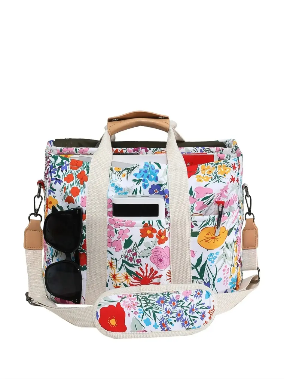Floral Large Capacity Tote Bag Multi Pocket Crossbody Handbag For Women Daily Commute, Summer Capacity Everything Tote Bag, Travel Essentials,Multiple Pocket Work Bag,Multipurpose Tote Organizer, Travel Essentials Carryall