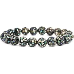 Angelstones Natural Mosaic Abalone Shell Gemstone 10mm Round Beads Stretch Bracelet 7 Inch Unisex
