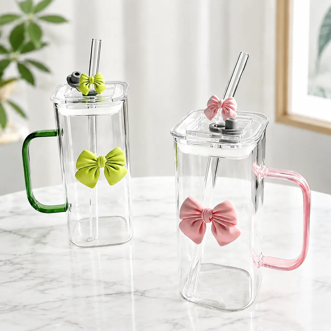 Cute Bow Style 13.2oz Square Glass Cup with Handle, High Borosilicate Glass Cup with Straw & Lid, Pink Bow & Green Bow Options, Heat Resistant Reusable Cup, Perfect for Iced Coffee, Cute Gift for Women, Suitable for All Occasions