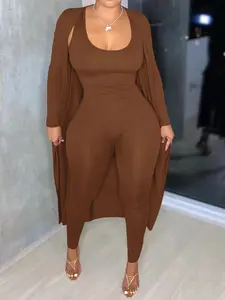 Two-piece Set Women's Solid Open Front Long Sleeve Longline Outwear & Skinny Jumpsuit, Casual Fashion Cozy Outfits for Daily Outdoor Wear, Women Clothes for Fall & Winter, Solid Color Jumpsuits