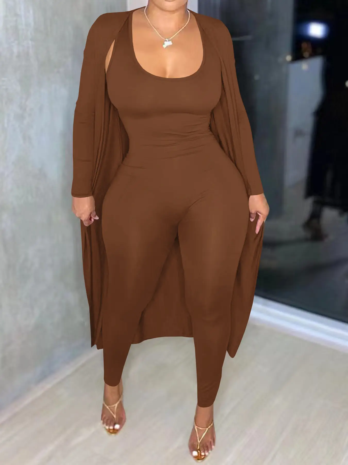 Two-piece Set Women's Solid Open Front Long Sleeve Longline Outwear & Skinny Jumpsuit, Casual Fashion Cozy Outfits for Daily Outdoor Wear, Women Cloth