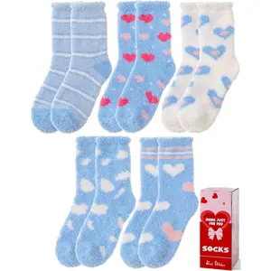 P-AD056   Womens Fuzzy Socks Warm Fluffy Cozy Winter Slipper Thick Fleece Heart Socks 5 Pairs