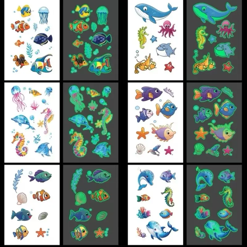 Luminous Tattoos for Kids, 6 Sheets Mixed Styles Temporary Tattoos Stickers Set for Girls and Boys,Fish, Jellyfish, Seashell – Cute Ocean Tattoo Stickers for Kids Birthday Party Halloween