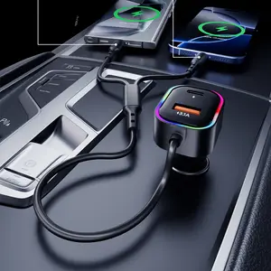 LUTU USB Port Fast Retractable 4-in-1 Car Chargers PD15W & USB15W Charging with Type-C & Lightning Cables Seven-Color RGB Lights Universal for iPhone and Multiple Devices