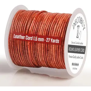 Leather Cord for Jewelry Making, Round Cording 1.5 mm Rope, 27 Yards Used for Crafts, Necklace String, Braiding - Distressed Red Brown