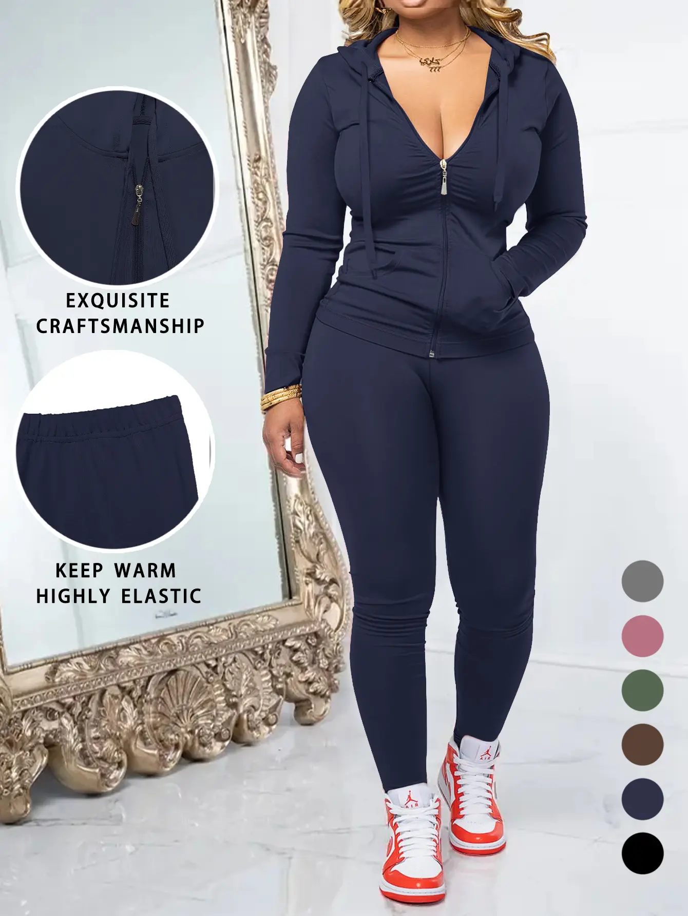 Women's Solid Athleisure Sweatsuit - 2-Piece Casual Solid Sports Set with Hooded Cardigan Sweatshirt for Yoga, Running, Solid Sports Sets