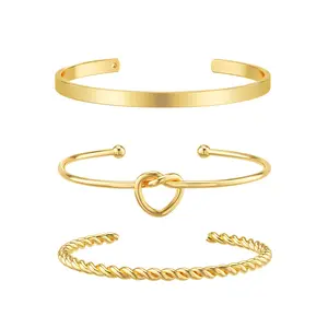 TEWIKY 14K Gold Plated Three-Layer Bracelet Wide Bangle Knot Braided Design Valentine's Day Gift for Various Occasions