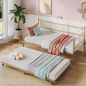 【GARVEE】Twin Daybed with Trundle - Metal Twin Trundle Bed Frame Featuring Premium Steel Slat Support, Multifunctional Platform Bed Ideal for Bedroom, Living Room, or Guest Room in Elegant Gold Finish