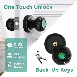 Smart Fingerprint Door Knob,Biometric Smart Ball selfLocking with APp Control,Keyless Entry Room,SmartDoor Lock for Bedroom Garage