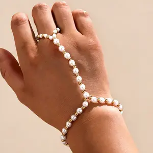 Elegant Adjustable Fingerloop Bracelet, Pearl Ring Gold Accents, Minimalist Stainless Steel Hand Chain Jewelry, Fashion Accessories for Women, Valentine’s Gifts for Her & GF, Gifts for Women
