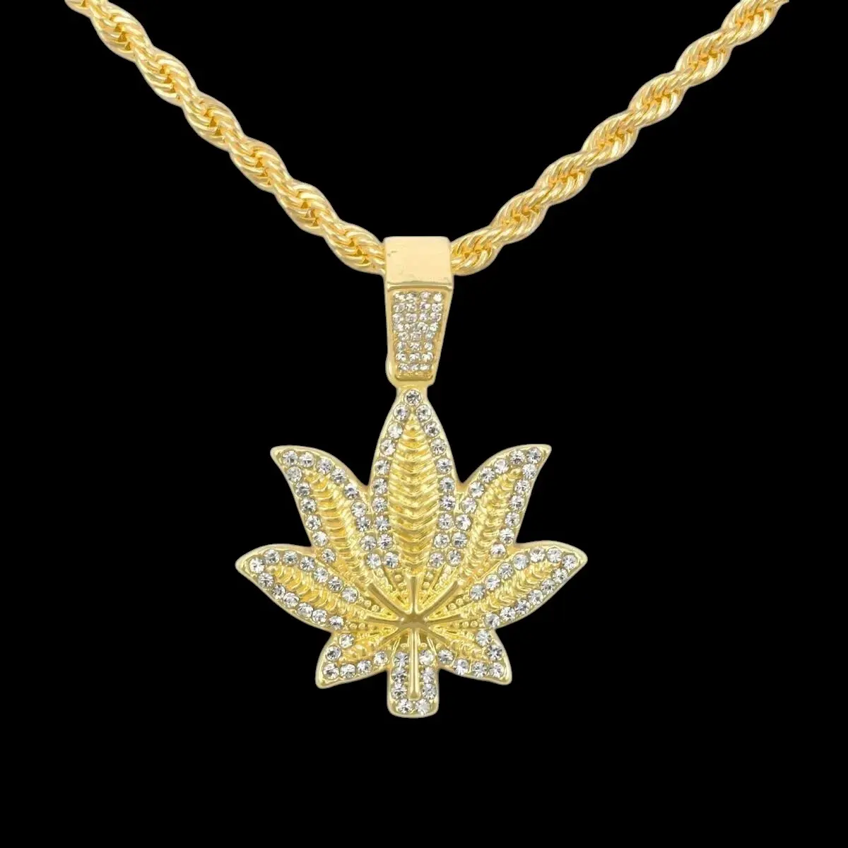 MaxBling81 Statement Necklace with 24-Inch Rope Chain, Unisex Elegant Hip Hop Gold or White Gold Plated Iced Out CZ Weed Leaf Pendant, Elegant Necklace, Gold Statement Chain