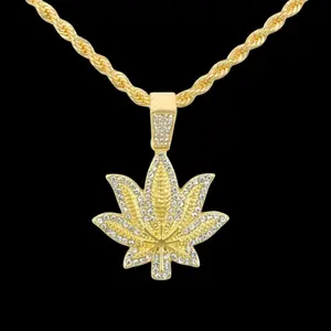 Marijuana Weed Leaf CZ Iced Bling Pendant & 4mm 24" Rope Chain Hip Hop Fashion Necklace Jewelry
