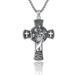 s925Sterling Silver Cross & Saint Christopher Pendant Necklace with Engraved Word Cuban Chain