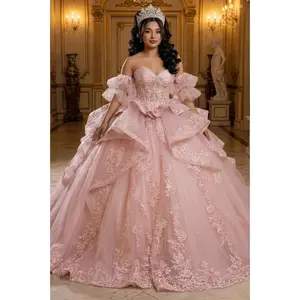Quinceañera Ball Gown with Corset Bodice 3D Lace Appliqués & Detachable Train By Layla K LK289