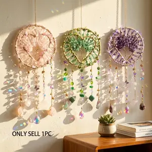 DREAMSUM Heart Shaped Tree of Life Suncatcher - Handmade Copper Wire Wrapped Rainbow Maker, Aesthetic Hanging Crystal Decoration for Home, Office, Window, Garden - Unique Birthday Gift for Women