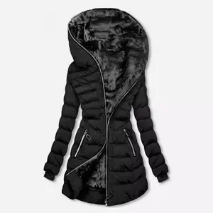 Women's Hooded Long Sleeve Warm Fleece Lined Cotton Jacket Winter Mid-Length Zipper Coat 9988 zip-up puffy hoodie coat Casual Basic