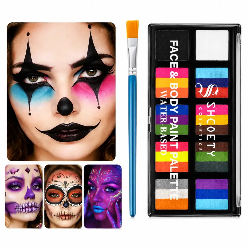 Halloween Day of the Dead Face & Body Paint, SHCOETY 10‑Grid 24 Rainbow Strip Shades Palette, Water‑Based Body Art Paint With Included Brush, for Skeleton Clown Cosplay Costume Party Stage Looks Makeup Cosmetic