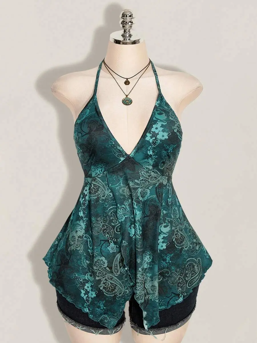 Plus Size Halter Top - Printed Backless Babydoll V-Neck Knit Tank for Beach Vacation