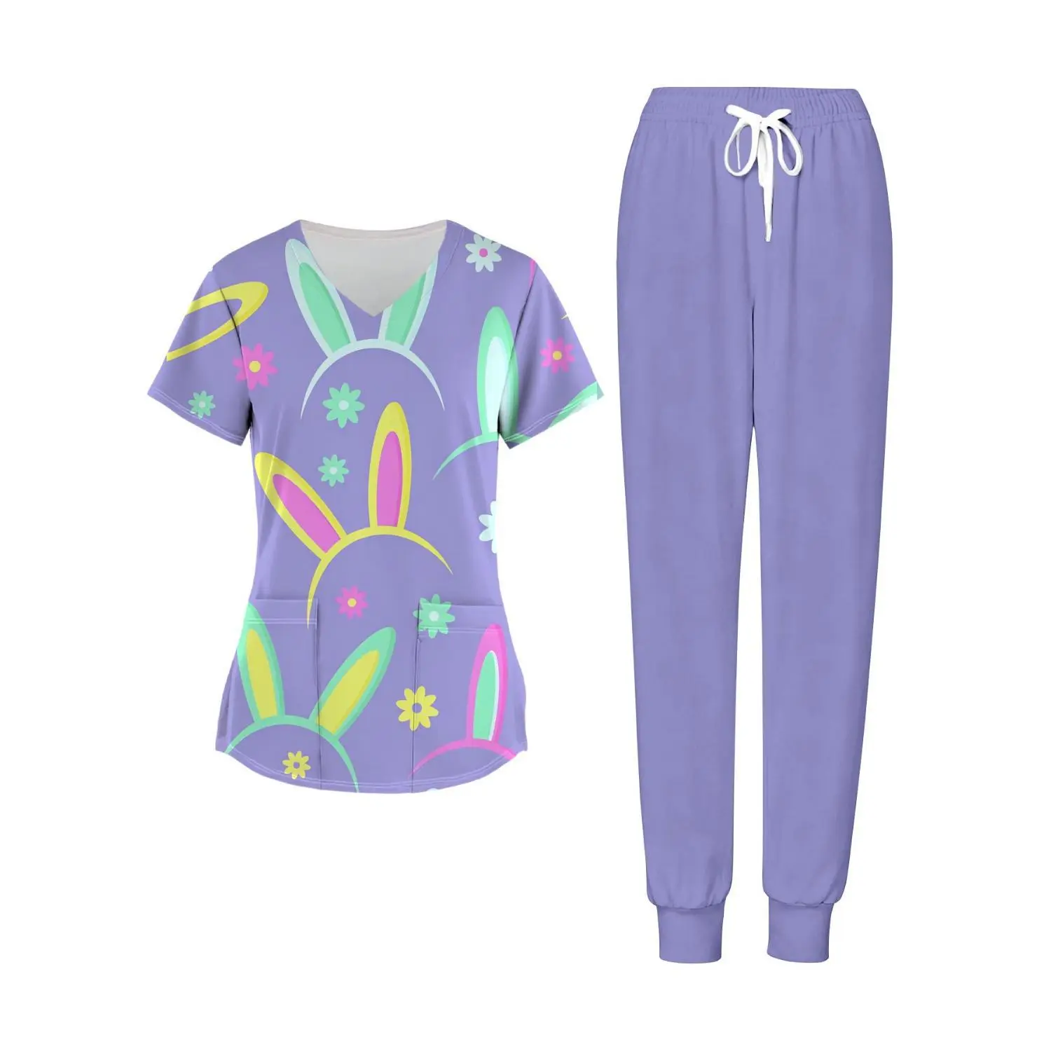 Plus Size Women's 2-Piece Set: Purple Bunny Print Easter V-Neck Top and Pants Scrubs Outfit