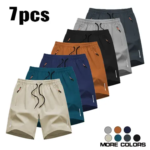 Men’s 7-Pack Quick-Dry Loose-Fit Running Shorts - Casual Athletic Streetwear Bottoms with Zip Pockets, Drawstring, Solid Color - Ideal for Fitness, Gifting