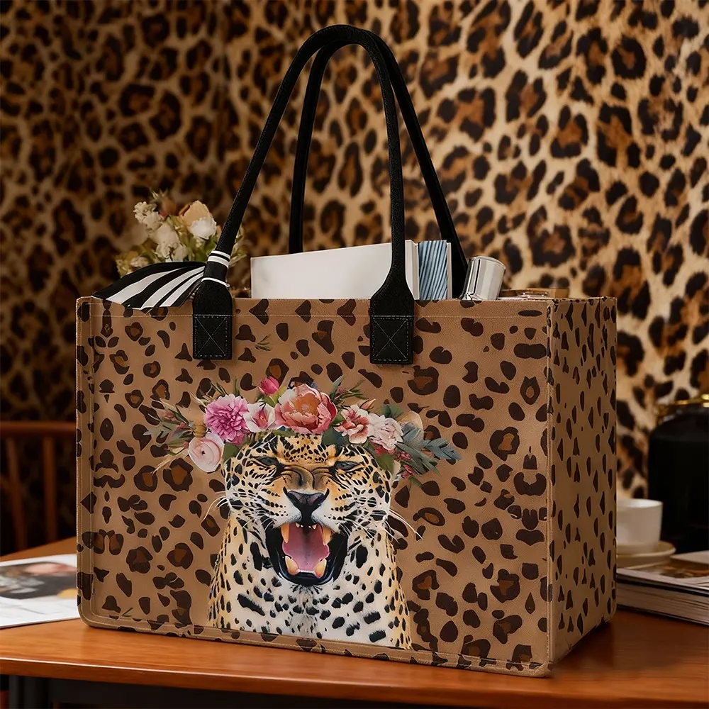 Leopard Print Large Capacity Storage Bag, Bags with Handles, Tote Bag, Multifunctional Commuter Tote, Durable Handles, Space-Saving Multi-Purpose Organizer for School Travel Shopping, Handmade Tote Bag