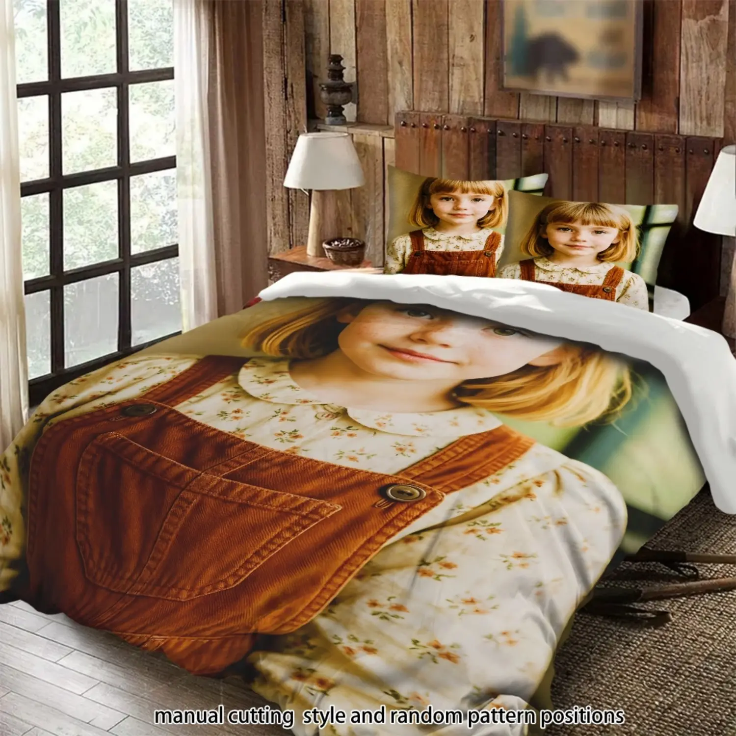 A 3-piece bedding set featuring a blonde, short-haired, freckled girl in overalls; a suitable gift.