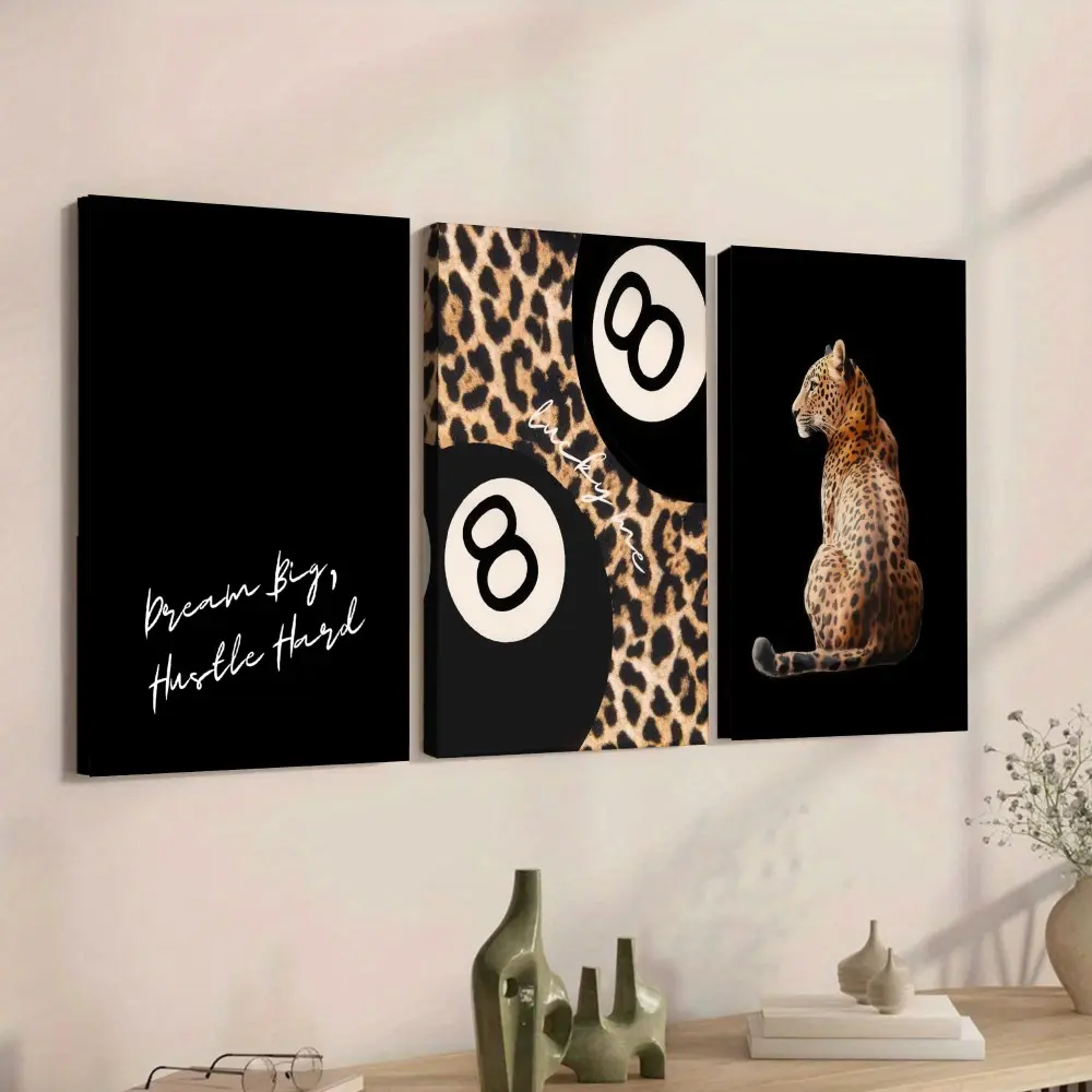 3pc-Modern Wall Art, Decorative Wall Art, Wall Decor, Leopard 8 Ball Dream Big Hustle Hard Triptych Poster, Black Brown Tone Canvas Decoration, Living Room & Office Aesthetic, Perfect Housewarming Gift, Framed, Canvas Prints
